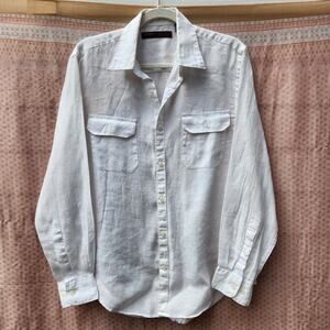 Women's 100% Linen Classic Off White Button Up Shirt Sz M Perry Ellis Lagenlook